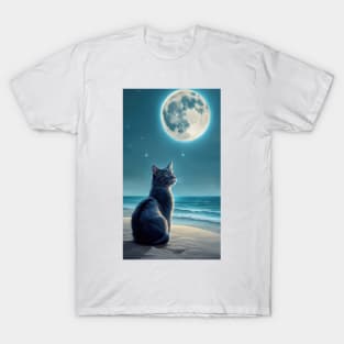 Whiskers and Waves: A Moonlit Encounter T-Shirt